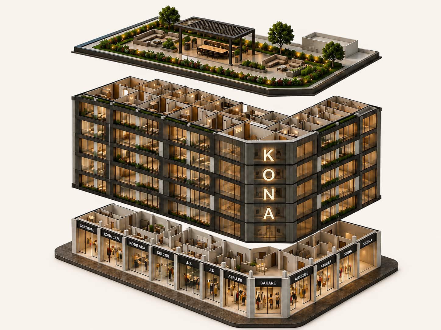 Exploded architectural view of KONA 26CC showing retail, residences and rooftop lifestyle