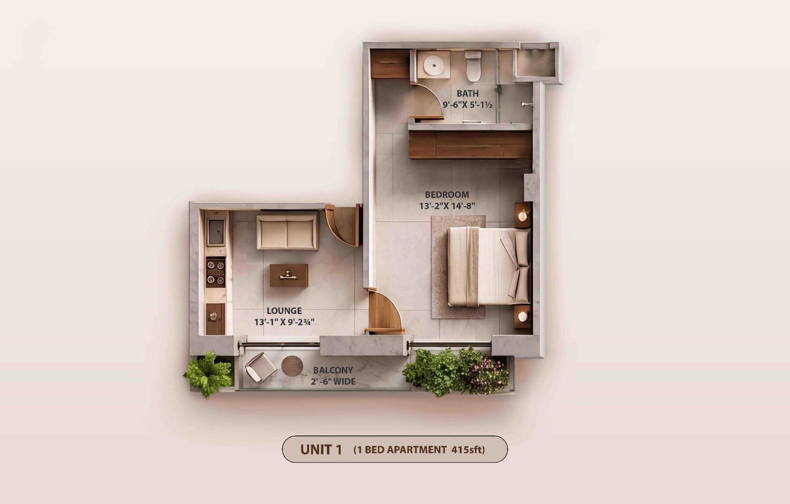Unit 01 1 Bed Apartment floor plan at KONA 26CC Jubilee Town Lahore