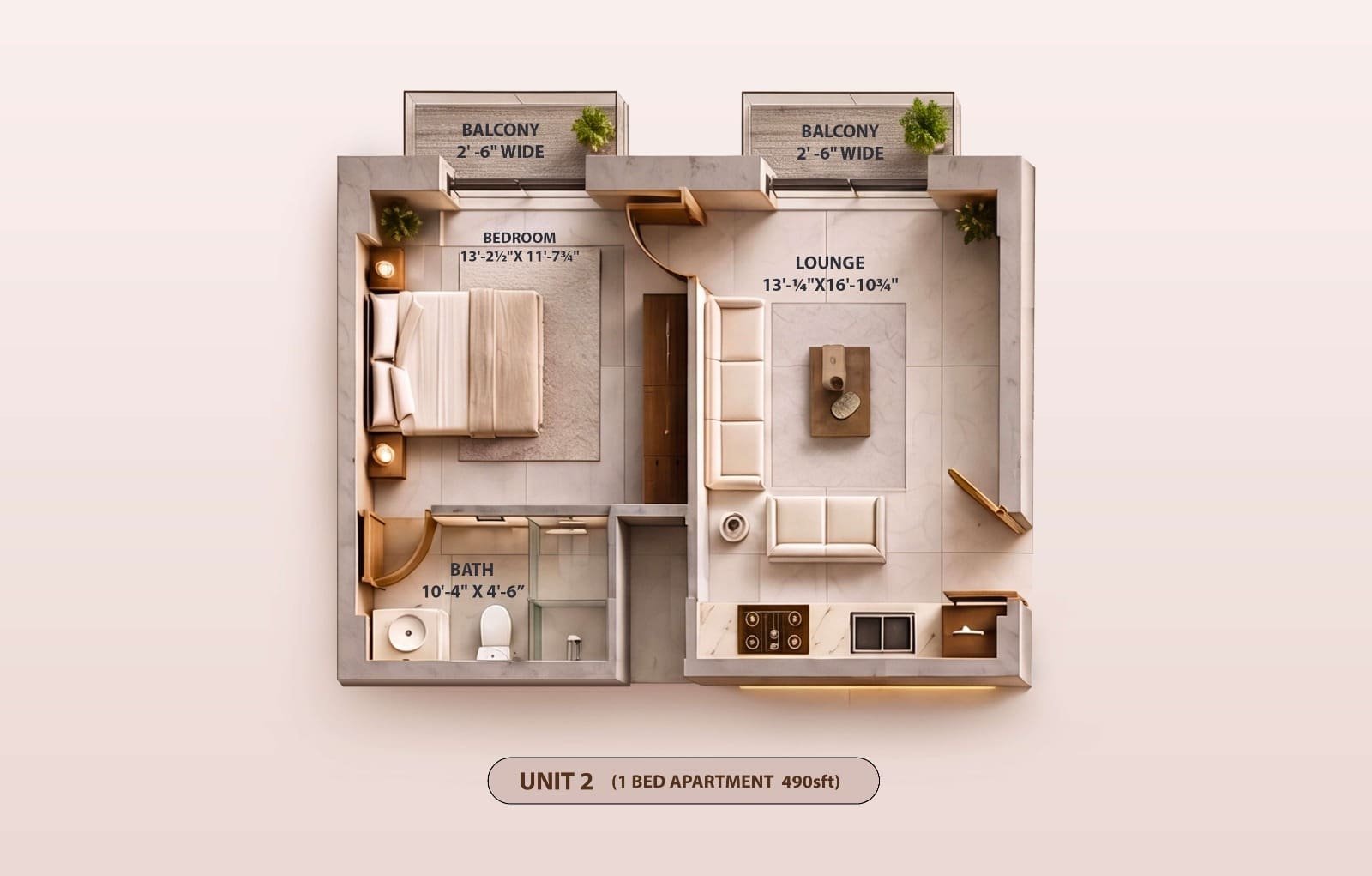 Unit 02 1 Bed Apartment floor plan at KONA 26CC Jubilee Town Lahore