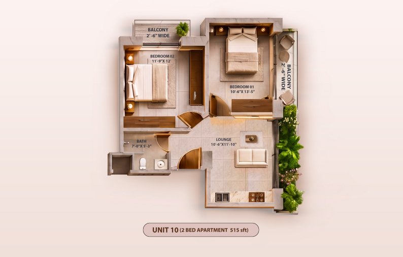 Unit 10 2 Bed Apartment floor plan at KONA 26CC Jubilee Town Lahore