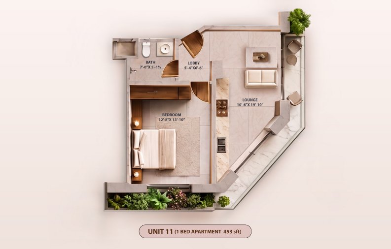 Unit 11 1 Bed Apartment floor plan at KONA 26CC Jubilee Town Lahore