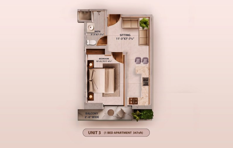 Unit 03 1 Bed Apartment floor plan at KONA 26CC Jubilee Town Lahore