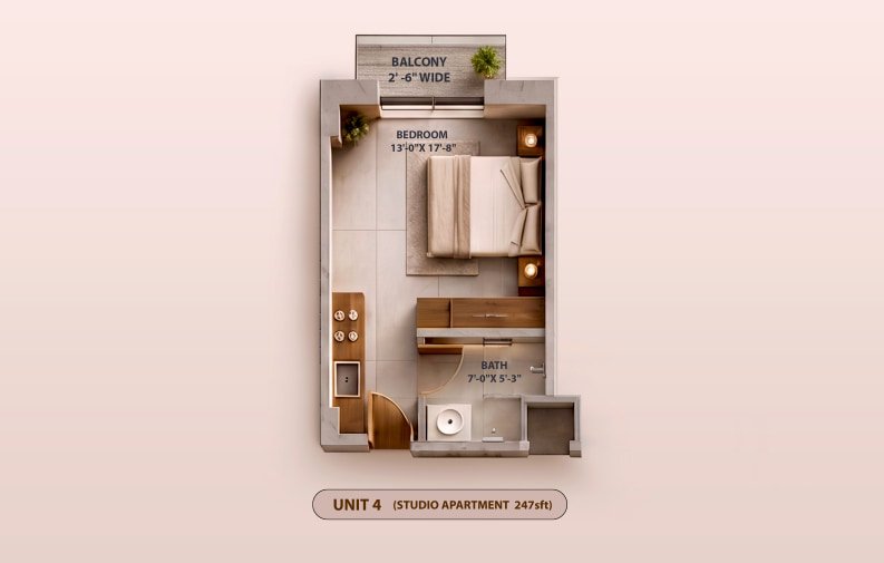 Unit 04 Studio Apartment floor plan at KONA 26CC Jubilee Town Lahore