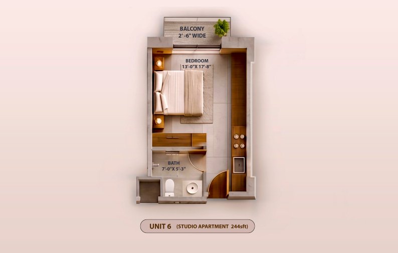 Units 06 and 08 Studio Apartment floor plan at KONA 26CC Jubilee Town Lahore